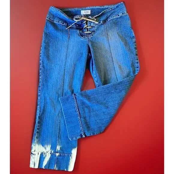 Y2K Jordache Lace Up Jeans Low Rise Flare Denim Grunge Goth Coquette 13/14 - Picture 1 of 9